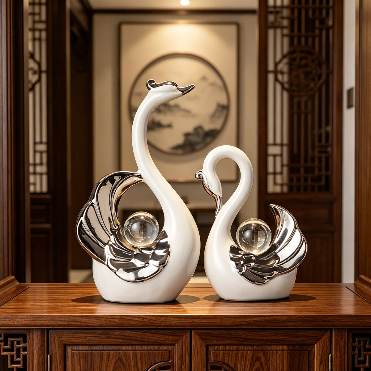Luxury Lifestyle Items - Ceramic Couple Swan Ornament With Crystal